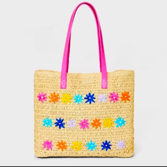 Cat & Jack bag Tan straw bag colorful floral embroidered purse new size large - Picture 1 of 8